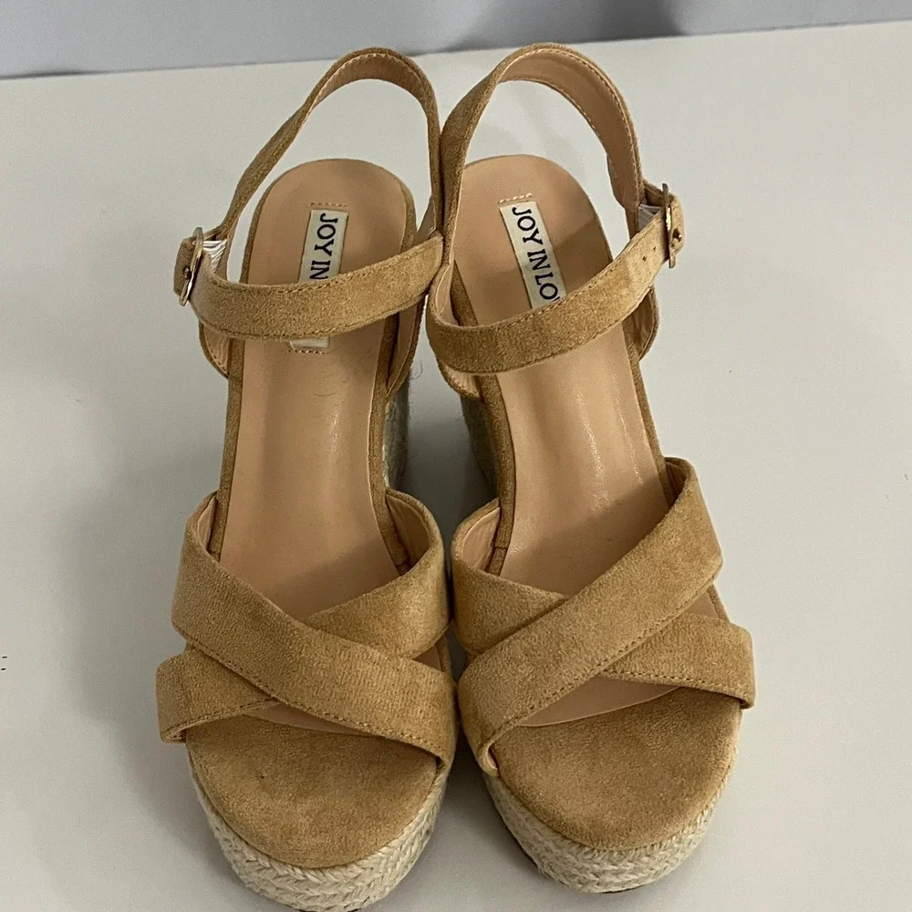 JOY IN LOVE Espadrille Wedge Sandals Women 7 Tan Solid Platform Summer Boho Heel